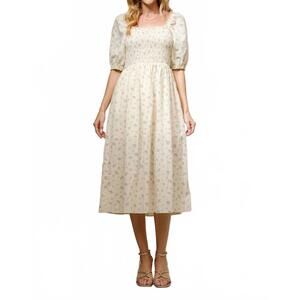 NEW BLUE B ditsy floral smocked square neck midi dress in cream